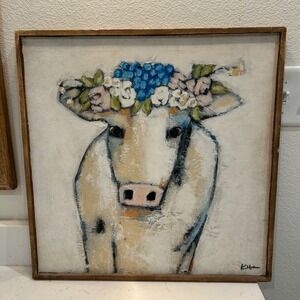 Kellie Montana Cow with Flower Crown Canvas Wall Art Framed Farmhouse Rustic